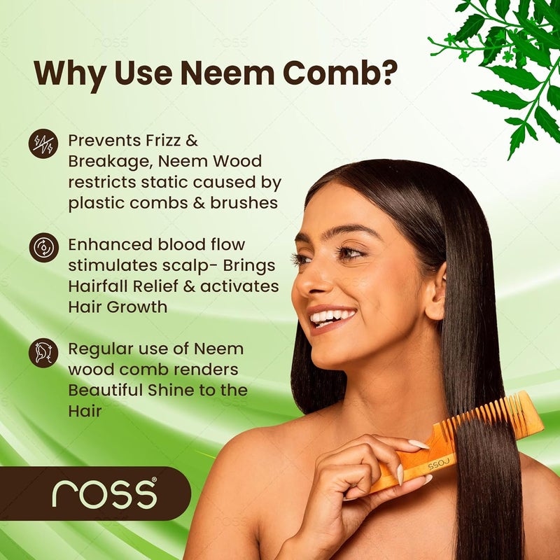 Ross Oil Treated Kacchi Neem Comb,Treated With Neem Oil,Bhringraj & 15+ Herbs,Hair Growth,Anti Hairfall,Dandruff Control|Hair Straightening,Frizz Control Wooden Comb For Men,Women|(Wide Tooth) - Image 4