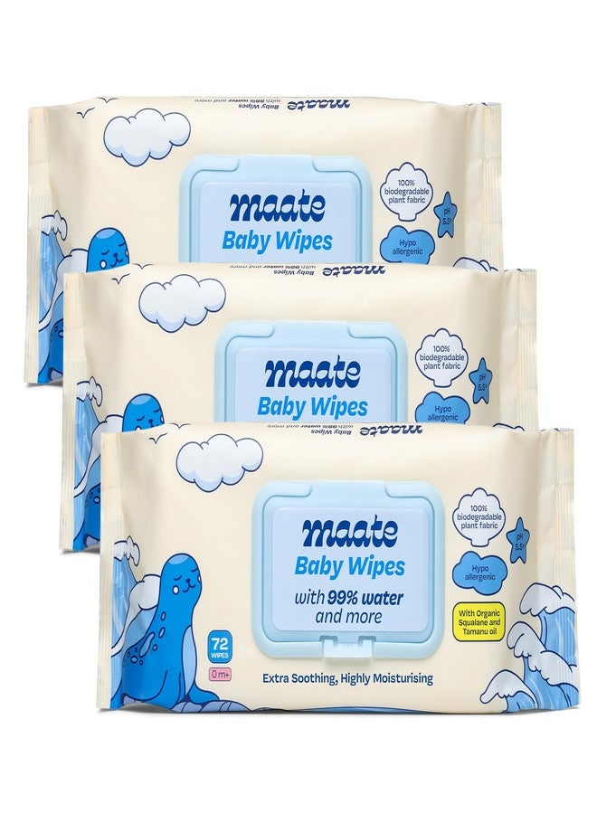Maate Baby Wipes (Pack of 3, 216 Wipes) | Soothing & Hypoallergenic | Infused With Plant Squalane, Tamanu Oil & Aloe Vera | & Hydrating | Wipe for Baby's | Paraben & Sulphate Free - Image 1