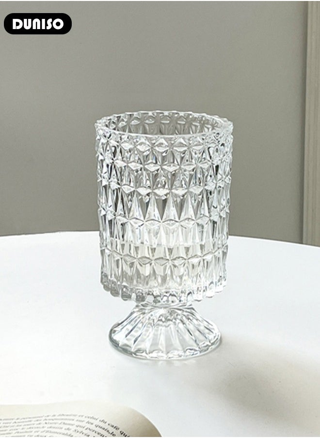 DUNISO Embossed Glass Vase, Crystal Glass Vases, Pedestal Big Base Glass Bouquet Vase, Hydroponic Glass Transparent Vase for Home Office Wedding Dining Table Party (Long Rhombus Pattern)  - Image 5