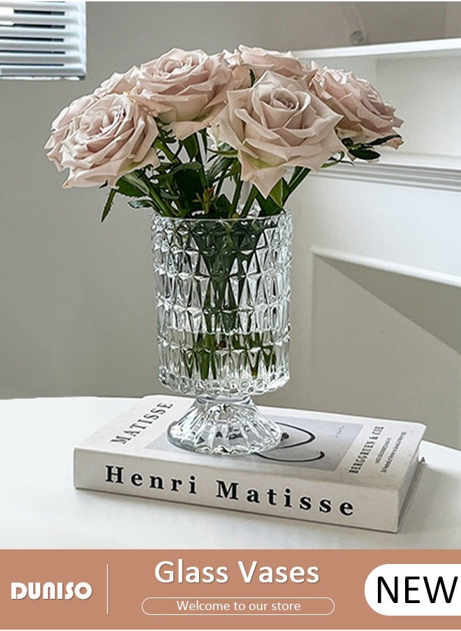 DUNISO Embossed Glass Vase, Crystal Glass Vases, Pedestal Big Base Glass Bouquet Vase, Hydroponic Glass Transparent Vase for Home Office Wedding Dining Table Party (Long Rhombus Pattern)  - Image 1