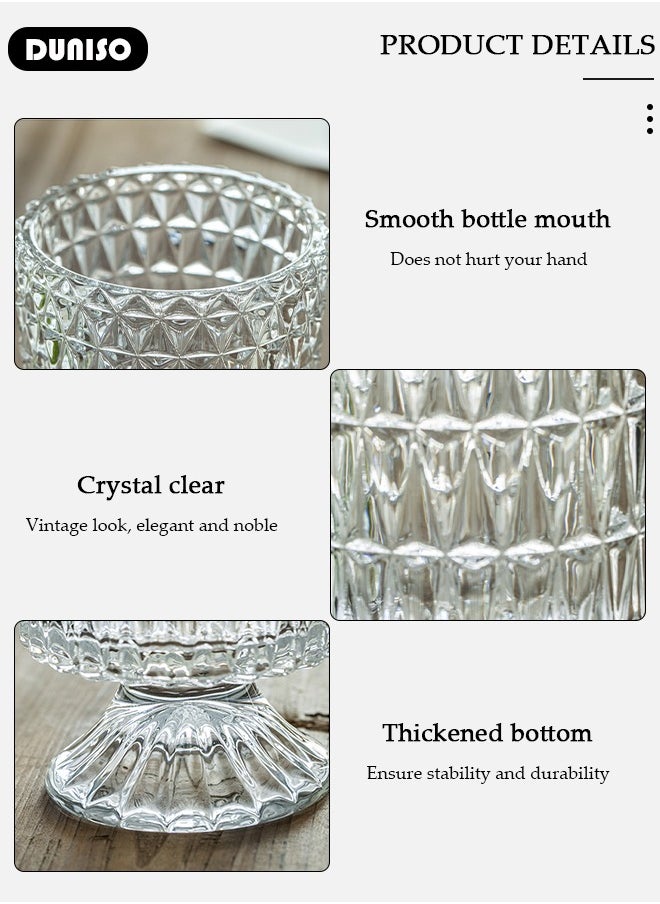 DUNISO Embossed Glass Vase, Crystal Glass Vases, Pedestal Big Base Glass Bouquet Vase, Hydroponic Glass Transparent Vase for Home Office Wedding Dining Table Party (Long Rhombus Pattern)  - Image 2
