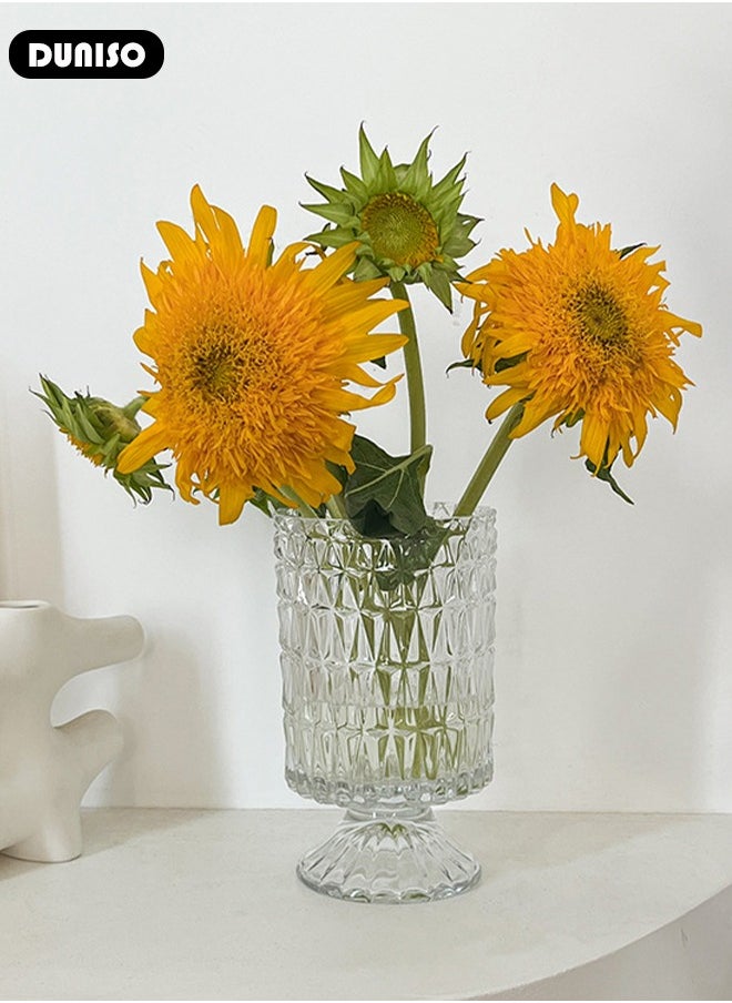 DUNISO Embossed Glass Vase, Crystal Glass Vases, Pedestal Big Base Glass Bouquet Vase, Hydroponic Glass Transparent Vase for Home Office Wedding Dining Table Party (Long Rhombus Pattern)  - Image 3