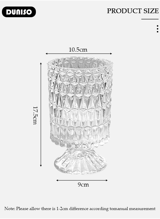 DUNISO Embossed Glass Vase, Crystal Glass Vases, Pedestal Big Base Glass Bouquet Vase, Hydroponic Glass Transparent Vase for Home Office Wedding Dining Table Party (Long Rhombus Pattern)  - Image 4