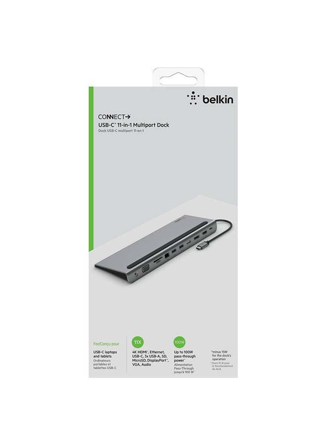 بيلكين موزع Belkin USB-C، قاعدة محول 100 واط متعددة المنافذ 11 في 1 مع 4K HDMI وDP وVGA وUSB-C بتقنية شحن بتمرير التيار و3 USB-A وإيثرنت جيجابت، وSD وMicroSD ومنافذ 3.5 مم لـ MacBook* Pro وAir وXPS والكثير رمادي - Image 3
