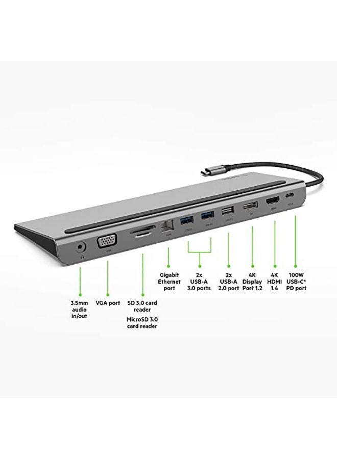 بيلكين موزع Belkin USB-C، قاعدة محول 100 واط متعددة المنافذ 11 في 1 مع 4K HDMI وDP وVGA وUSB-C بتقنية شحن بتمرير التيار و3 USB-A وإيثرنت جيجابت، وSD وMicroSD ومنافذ 3.5 مم لـ MacBook* Pro وAir وXPS والكثير رمادي - Image 4