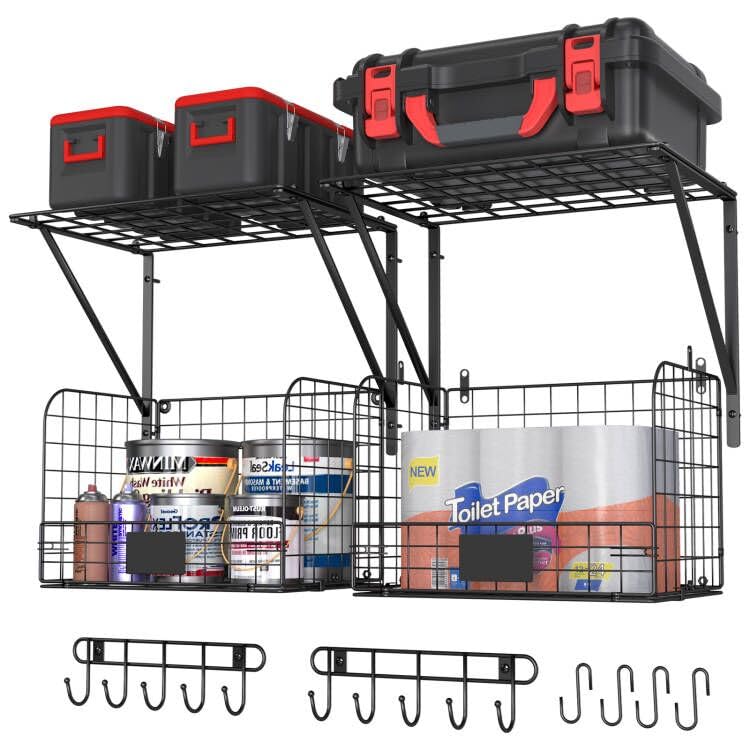 ThreeHio 2 Pack Garage Shelves Wall Mounted with Wire baskets, Heavy Duty Garage Wall Shelving with Hooks, Wire Shelf Baskets Tool Organizer for Home Garden Garage Organization and Storage - Image 1
