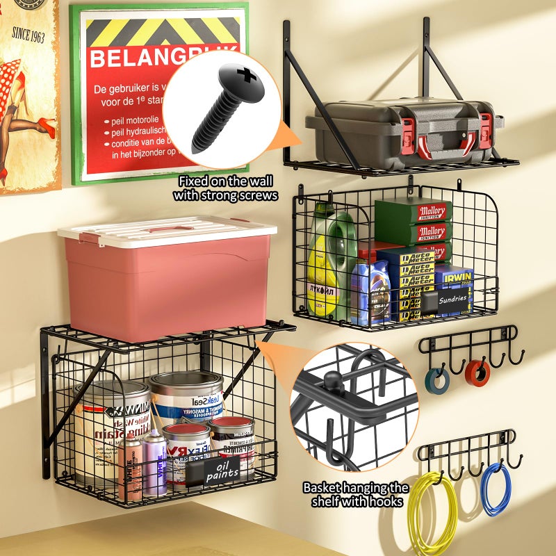 ThreeHio 2 Pack Garage Shelves Wall Mounted with Wire baskets, Heavy Duty Garage Wall Shelving with Hooks, Wire Shelf Baskets Tool Organizer for Home Garden Garage Organization and Storage - Image 3
