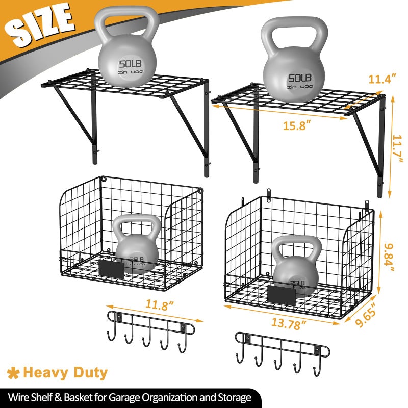 ThreeHio 2 Pack Garage Shelves Wall Mounted with Wire baskets, Heavy Duty Garage Wall Shelving with Hooks, Wire Shelf Baskets Tool Organizer for Home Garden Garage Organization and Storage - Image 5