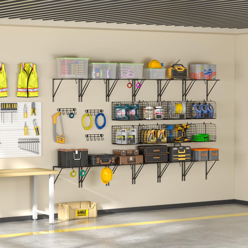 ThreeHio 2 Pack Garage Shelves Wall Mounted with Wire baskets, Heavy Duty Garage Wall Shelving with Hooks, Wire Shelf Baskets Tool Organizer for Home Garden Garage Organization and Storage - Image 4