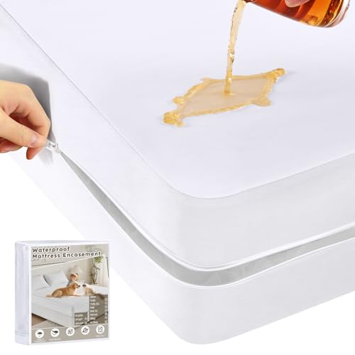QUWOU Queen Mattress Protector(12’’-16” Depth) – Premium Six-Sided Waterproof Mattress Cover Bed Cover,Zippered Mattress Encasement for Bed, Noiseless Breathable Machine Washable,White - Image 1