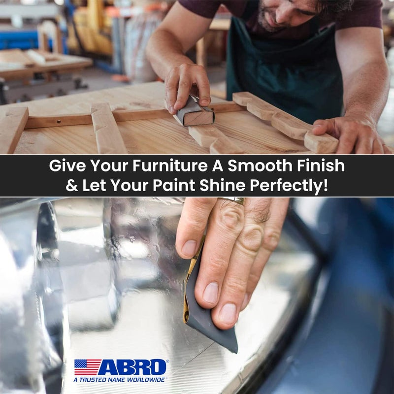 Abro ورق صنفرة مائي أو جاف من اللاتكس الممتاز - أوراق صنفرة كاشطة - مجموعة متنوعة من 600، 800، 1000، 1200، 2000 حبيبات (2 لكل منها، إجمالي 10) لصنفرة السيارات، النجارة، الأثاث، إنهاء المعادن، صنفرة اليد - Image 4