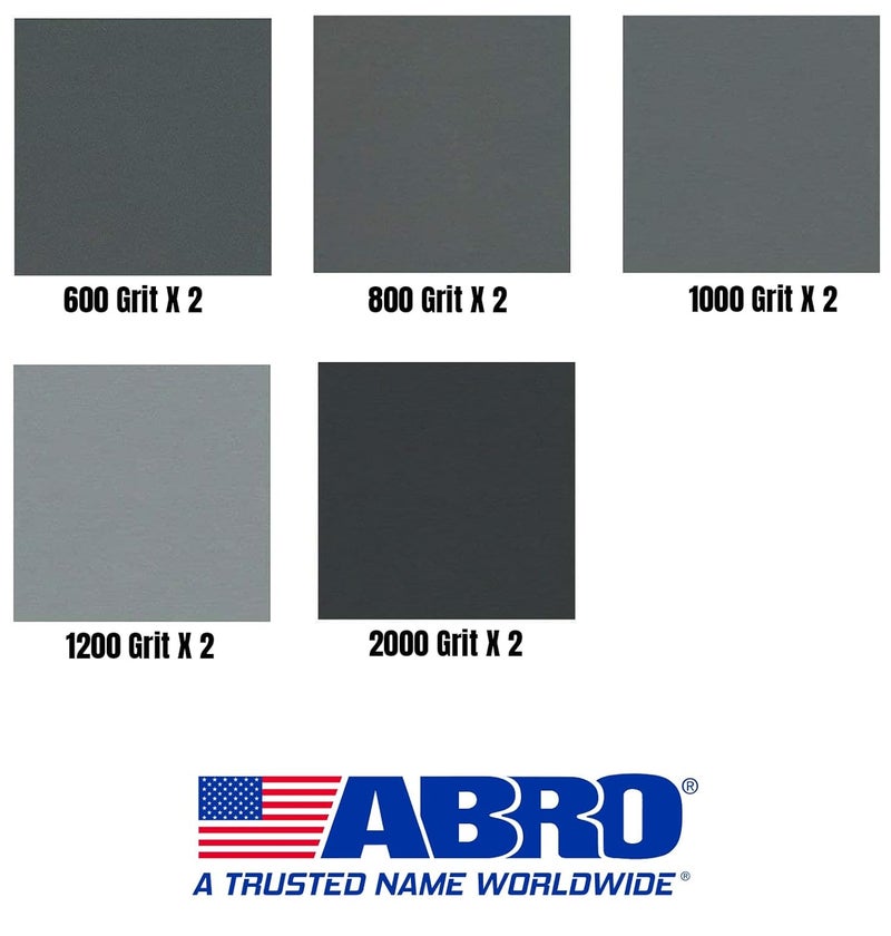 Abro ورق صنفرة مائي أو جاف من اللاتكس الممتاز - أوراق صنفرة كاشطة - مجموعة متنوعة من 600، 800، 1000، 1200، 2000 حبيبات (2 لكل منها، إجمالي 10) لصنفرة السيارات، النجارة، الأثاث، إنهاء المعادن، صنفرة اليد - Image 2