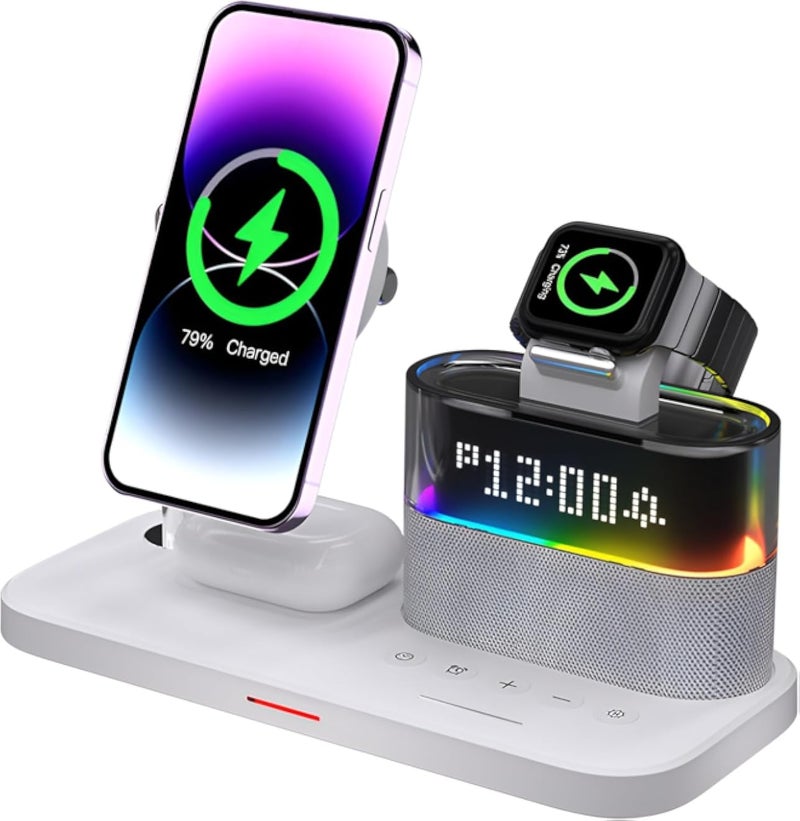 XVersion 5 in 1 Wireless Fast Charging Station with Alarm Clock & Night Light, 15W Qi Multi-Device Charger Dock for iPhone 17/16/15/14 - AirPods & iWatch - 1 Year Warranty - White