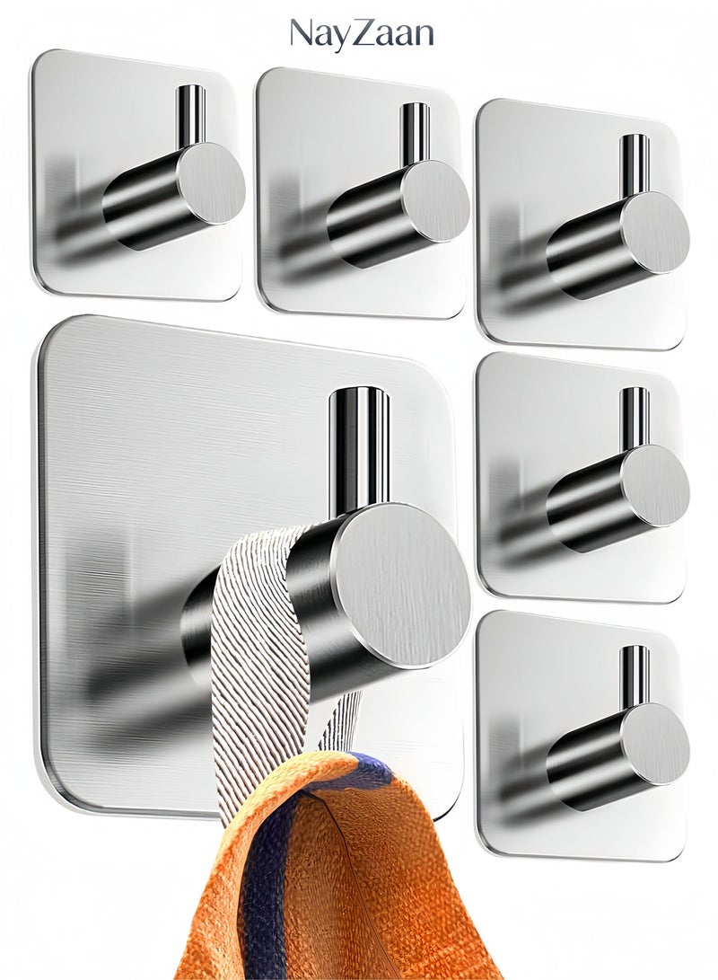 6-Pack Adhesive Towel Hooks for Bathrooms, Stainless Steel - Durable Self-Adhesive Robe Rack, Adhesive Wall Hooks, Sticky Towel Holder, Waterproof, No Drilling Required - Image 1