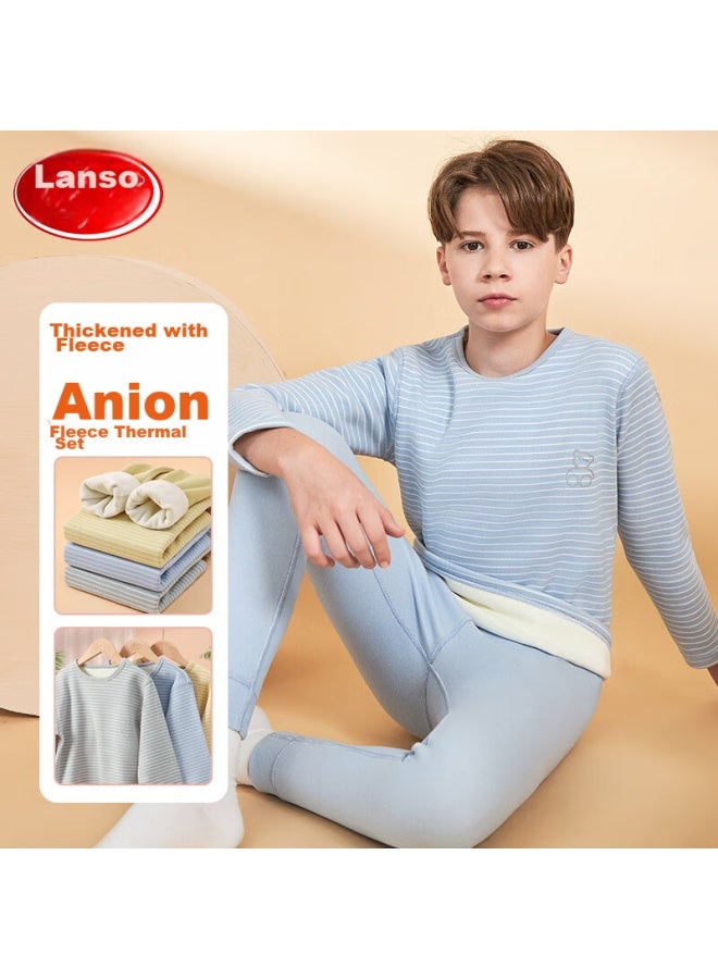 LANG SHA Langsha Children's Thermal Underwear Set, Boys' Autumn And Winter Yang Ion Fleece-lined Undershirt And Pants, Boys' Loungewear Pajama Set, Blue-wide Striped, 110 (recommended Height 95-110cm)  - Image 1
