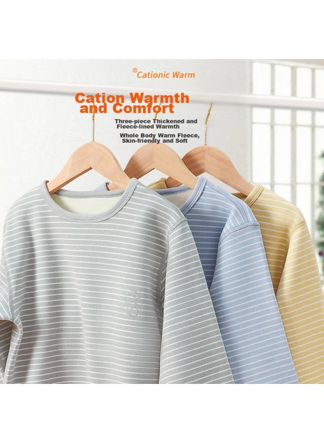 LANG SHA Langsha Children's Thermal Underwear Set, Boys' Autumn And Winter Yang Ion Fleece-lined Undershirt And Pants, Boys' Loungewear Pajama Set, Blue-wide Striped, 110 (recommended Height 95-110cm)  - Image 2