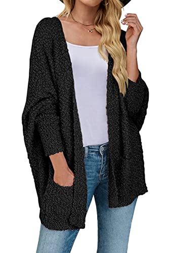 MEROKEETY Womens 2025 Winter Fuzzy Popcorn Batwing Sleeve Cardigan Knit Oversized Sherpa Sweater Coat Black Small