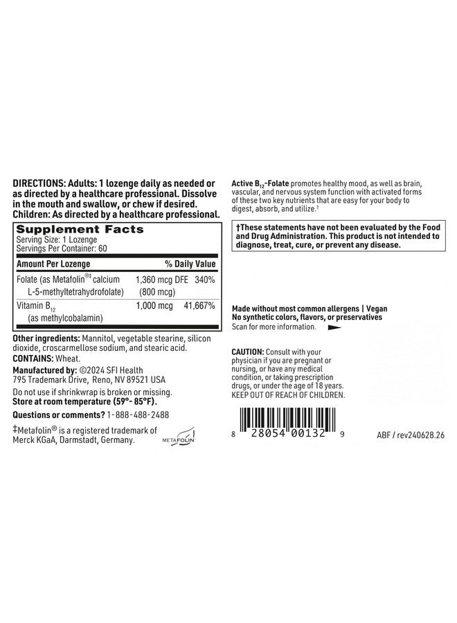مختبرات كلاير Klaire Labs SFI Health Active B12 - مكمل حمض الفوليك - معينات قابلة للذوبان مع ميثيل فولات وفيتامين B12 ميثيل كوبالامين - سهل الامتصاص - يدعم الحالة المزاجية الصحية والطاقة والإدراك (60 قرصًا) - Image 5
