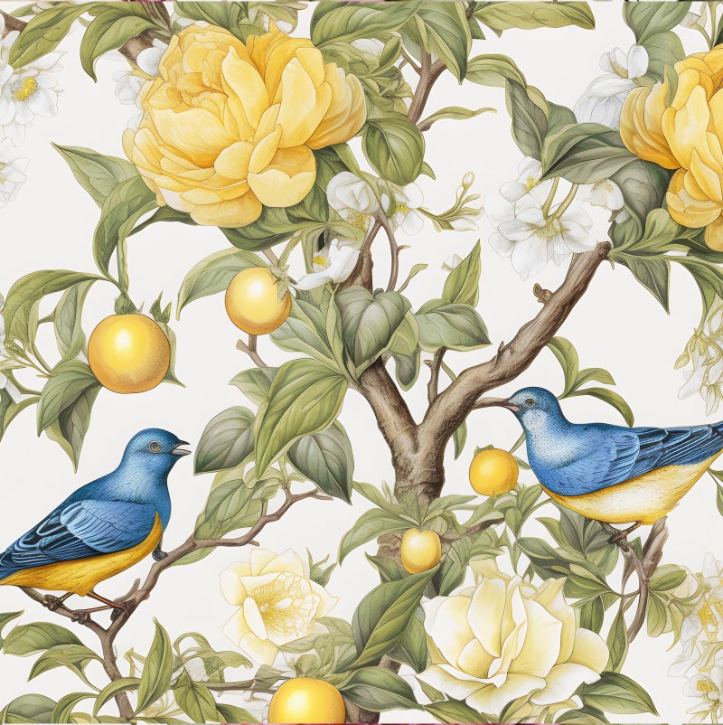Danodoi Bird Peel and Stick Wallpaper,Yellow Floral and Lemon 17.5"x 118" Contact Paper,Modern Botanical Chinoiserie Wall Paper For Bathroom Bedroom Cabinet Vinyl Waterproof Removable Dorm Renter Friendly - Image 1