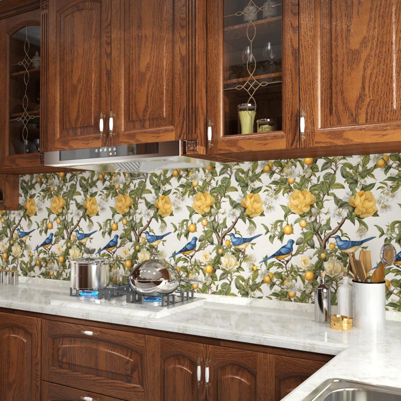 Danodoi Bird Peel and Stick Wallpaper,Yellow Floral and Lemon 17.5"x 118" Contact Paper,Modern Botanical Chinoiserie Wall Paper For Bathroom Bedroom Cabinet Vinyl Waterproof Removable Dorm Renter Friendly - Image 5