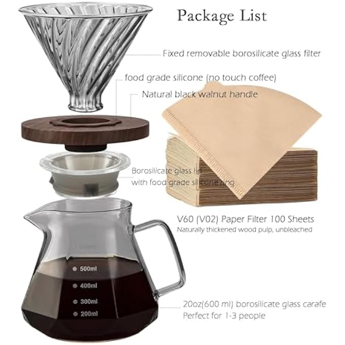 KASTWAVE Pour Over Coffee Maker 20 Oz Borosilicate Glass Carafe With 100 Pcs V60 Paper Filter Walnut Handle  Glass Lid Drip Coffee Maker For Home Caf Restaurant Camping 600 Ml Gray - Image 3