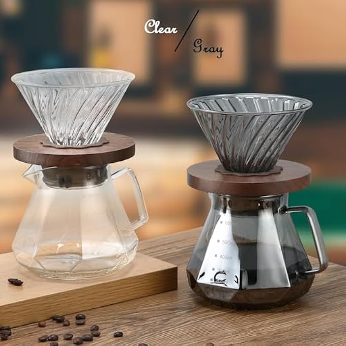 KASTWAVE Pour Over Coffee Maker 20 Oz Borosilicate Glass Carafe With 100 Pcs V60 Paper Filter Walnut Handle  Glass Lid Drip Coffee Maker For Home Caf Restaurant Camping 600 Ml Gray - Image 5