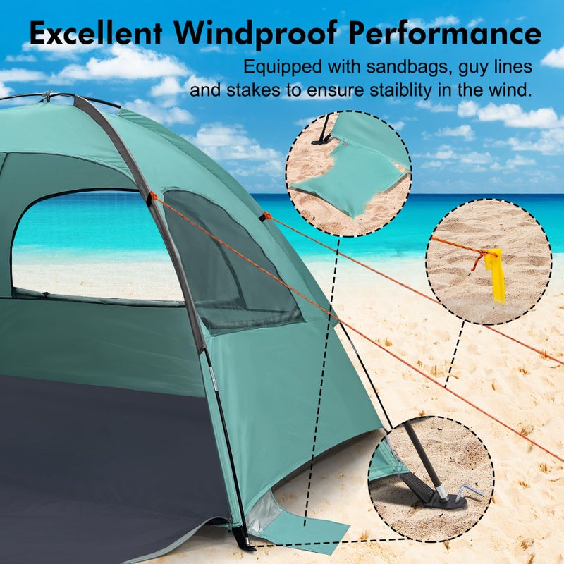 WhiteFang Beach Tent Anti-UV Portable Sun Shade Shelter for 3 Person, Extendable Floor with 3 Ventilating Mesh Windows Plus Carrying Bag, Stakes and Guy Lines (Beach Glass) - Image 5