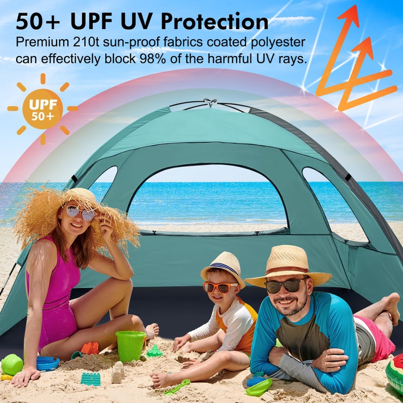 WhiteFang Beach Tent Anti-UV Portable Sun Shade Shelter for 3 Person, Extendable Floor with 3 Ventilating Mesh Windows Plus Carrying Bag, Stakes and Guy Lines (Beach Glass) - Image 3