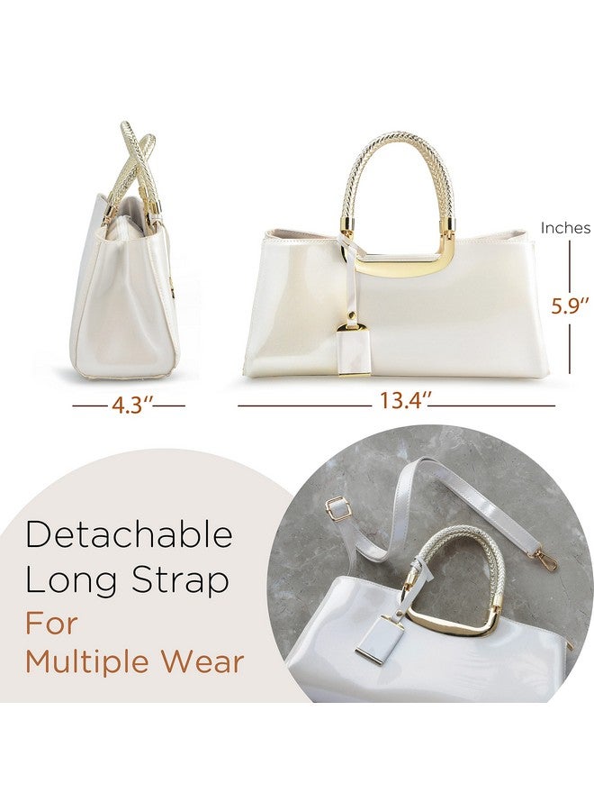 HOXIS Glossy Faux Patent Leather Structured Shoulder Handbag Women Evening Party Satchel (Beige) - Image 2