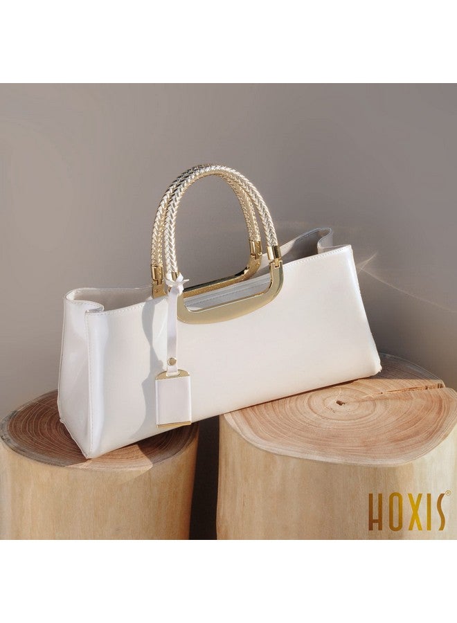 HOXIS Glossy Faux Patent Leather Structured Shoulder Handbag Women Evening Party Satchel (Beige) - Image 1