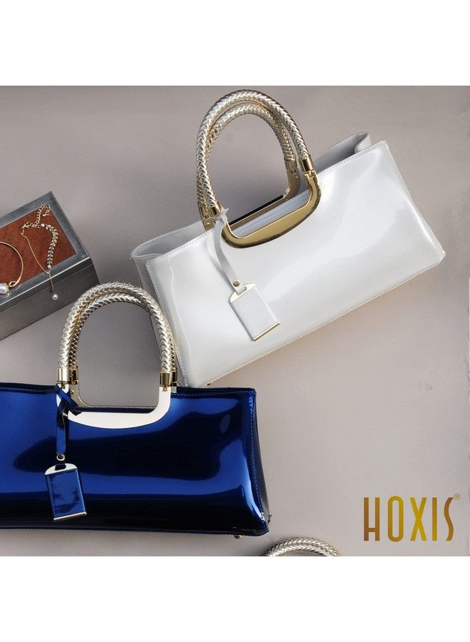 HOXIS Glossy Faux Patent Leather Structured Shoulder Handbag Women Evening Party Satchel (Beige) - Image 4