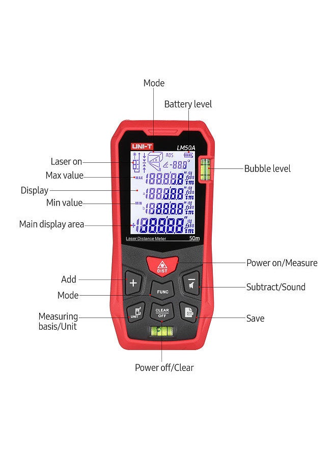 UNI-T - LM50A Laser Distance Measure Meter 50M with 2 Bubble Levels LCD Backlit Display Pythagorean Mode Measure Distance Area Volume Mute Function 99 Groups Data Storage Carrying Bag - Image 1