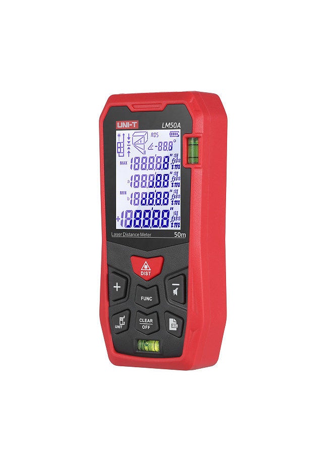 UNI-T - LM50A Laser Distance Measure Meter 50M with 2 Bubble Levels LCD Backlit Display Pythagorean Mode Measure Distance Area Volume Mute Function 99 Groups Data Storage Carrying Bag - Image 1