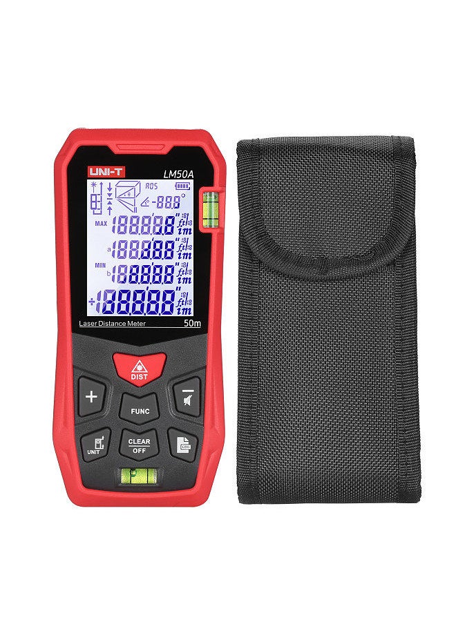 UNI-T - LM50A Laser Distance Measure Meter 50M with 2 Bubble Levels LCD Backlit Display Pythagorean Mode Measure Distance Area Volume Mute Function 99 Groups Data Storage Carrying Bag - Image 1
