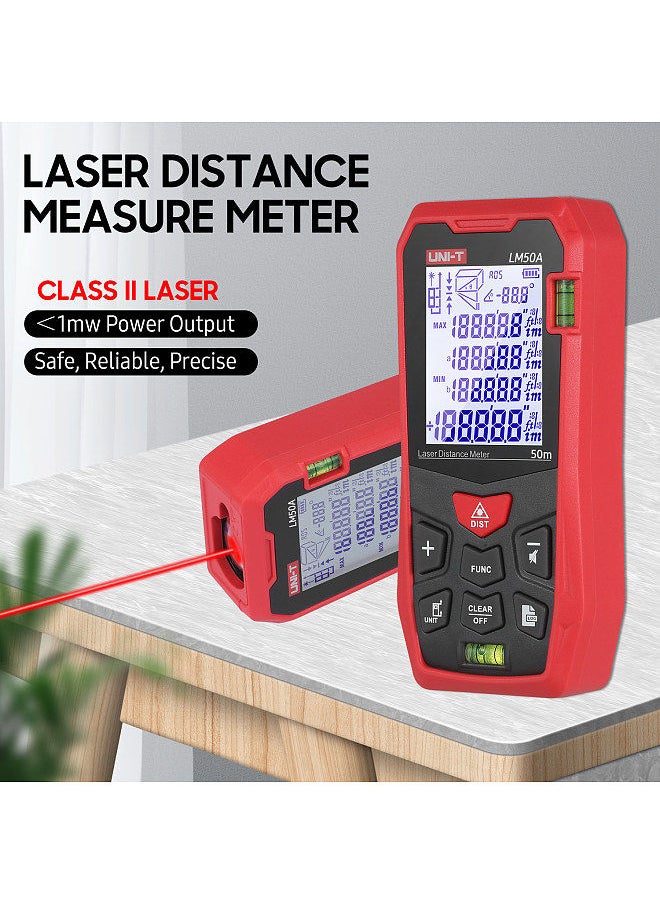 UNI-T - LM50A Laser Distance Measure Meter 50M with 2 Bubble Levels LCD Backlit Display Pythagorean Mode Measure Distance Area Volume Mute Function 99 Groups Data Storage Carrying Bag - Image 1