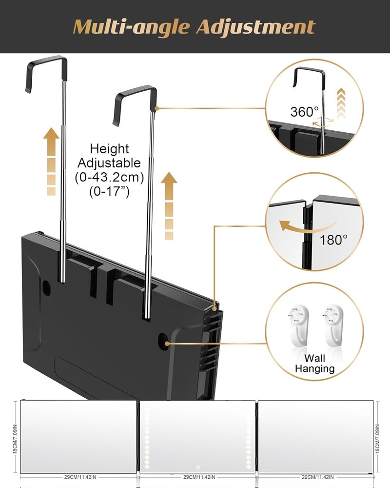 JUSRON 360 Viewing Angle Self Hair Cutting Mirror, Clear Anti-Fog HD Glass (Black with LED with Accessories) - Image 2