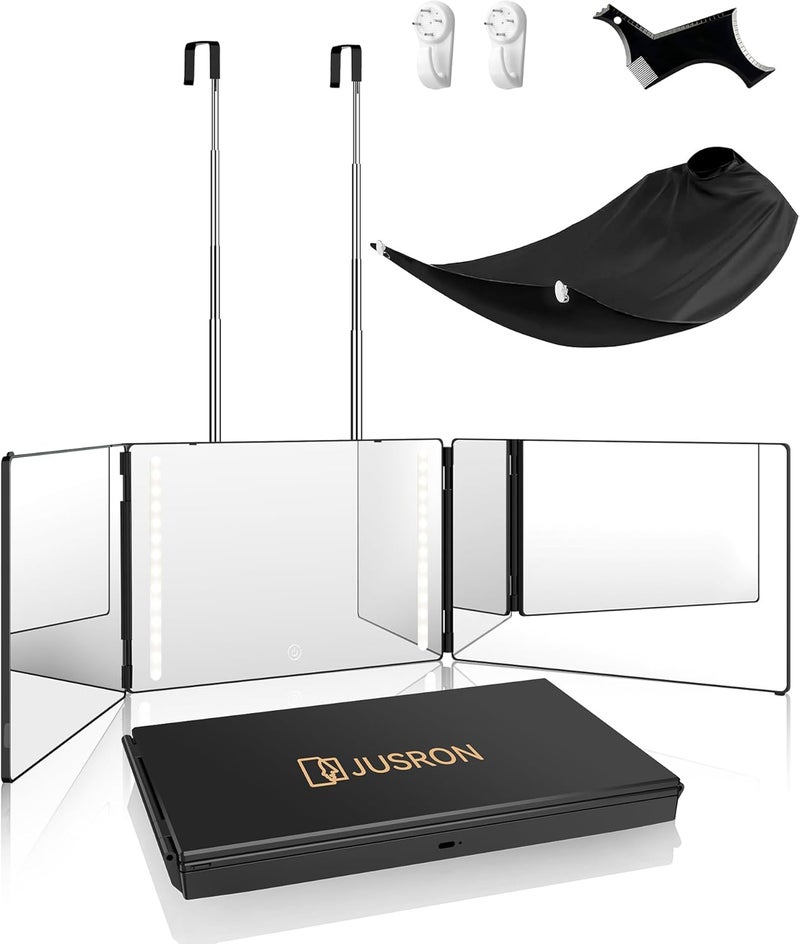 JUSRON 360 Viewing Angle Self Hair Cutting Mirror, Clear Anti-Fog HD Glass (Black with LED with Accessories) - Image 1
