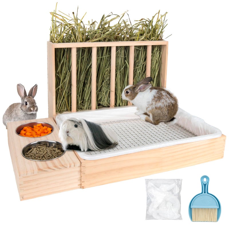 BESNEW 3 in 1 Rabbit Hay Feeder with Litter Box,Upgraded Wooden Hay Feeder Set for Guinea Pig Chinchilla Bunny Other Small Animals,Quick Cleaning & Large Capacity & Preventing Waste - Image 1