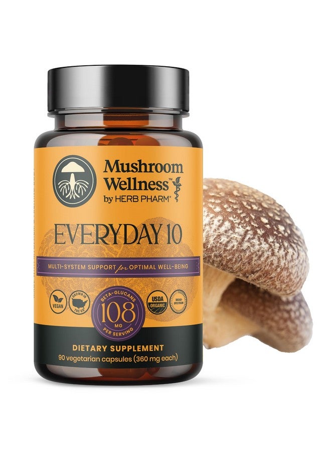 HERB PHARM Mushroom Wellness Everyday 10: Organic 10-in-1 Mushroom Capsules with Lion's Mane, Shiitake, Reishi, Turkey Tail & More, Mushroom Powder Supplement, Immune & Nervous System Support, 90 Vegan Capsules - Image 1