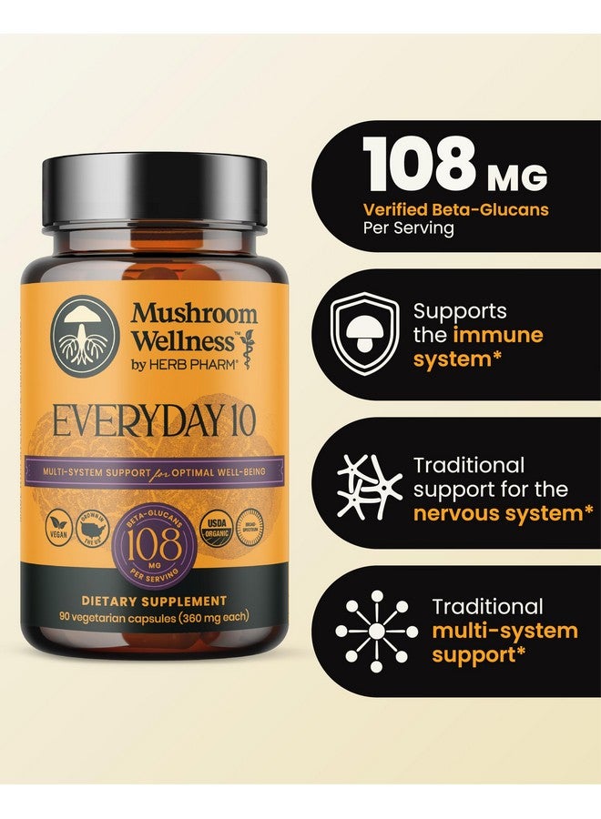 HERB PHARM Mushroom Wellness Everyday 10: Organic 10-in-1 Mushroom Capsules with Lion's Mane, Shiitake, Reishi, Turkey Tail & More, Mushroom Powder Supplement, Immune & Nervous System Support, 90 Vegan Capsules - Image 2
