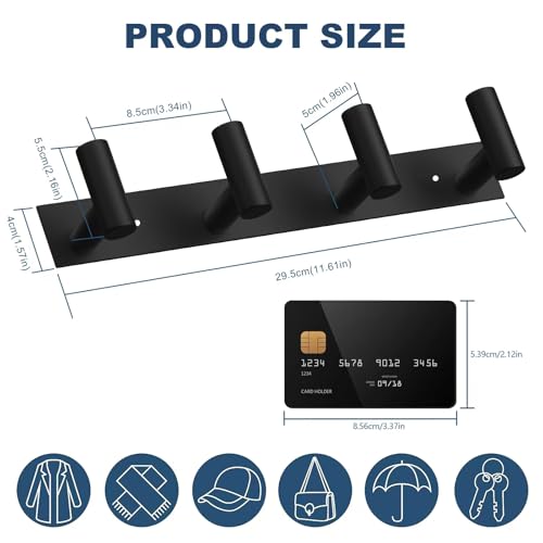 VAEHOLD Hat and Coat Wall Mount Rack - 4 Hooks for Robes, Bags, Keys, and Towels - Bathroom Towel Hanger Organizer -Black - Image 2