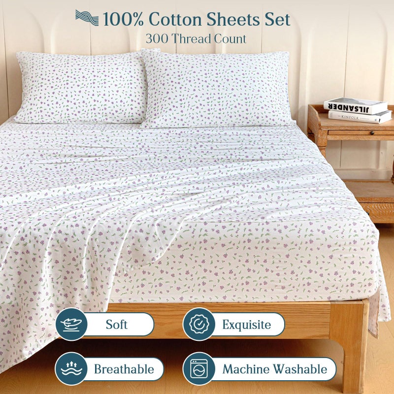 M&Co MCO 100% Cotton Sheet Set Floral Printed, 300 Thread Count Cotton Queen Sheet Set, 16" Deep Pocket, Breathable Cooling Sheets 4 Pieces (Queen, Purple Floral) - Image 3