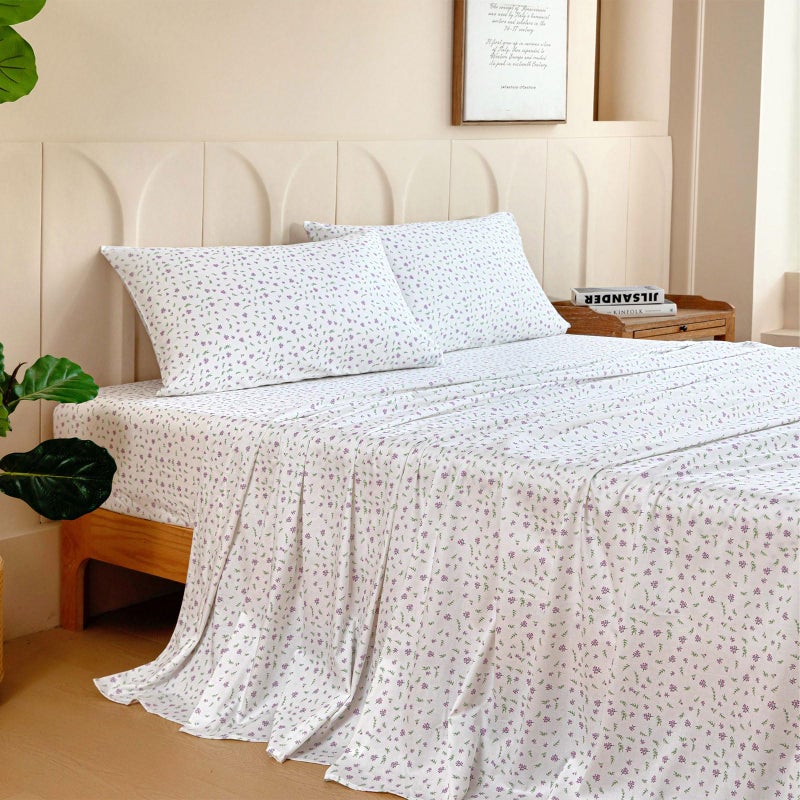 M&Co MCO 100% Cotton Sheet Set Floral Printed, 300 Thread Count Cotton Queen Sheet Set, 16" Deep Pocket, Breathable Cooling Sheets 4 Pieces (Queen, Purple Floral) - Image 2