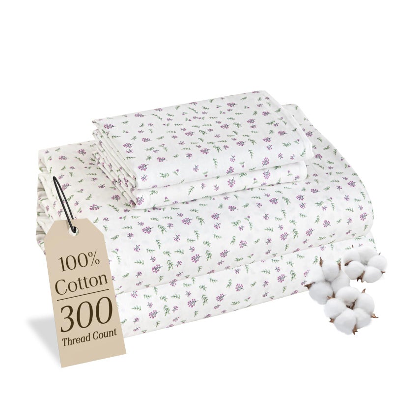 M&Co MCO 100% Cotton Sheet Set Floral Printed, 300 Thread Count Cotton Queen Sheet Set, 16" Deep Pocket, Breathable Cooling Sheets 4 Pieces (Queen, Purple Floral) - Image 1
