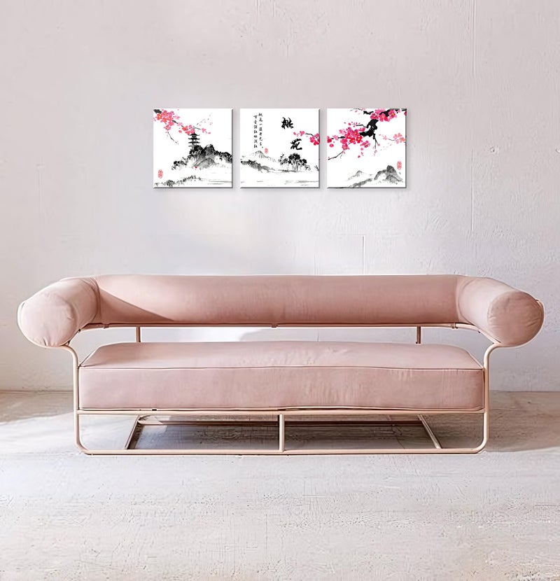 NAN Wind Small Size Traditional Chinese Painting of Peach Blossom Canvas Prints 3 Panels Calligraphy Art Paintings Wall Art Poem Print Painting Framed 12x12inches 3pcs/set - Image 5