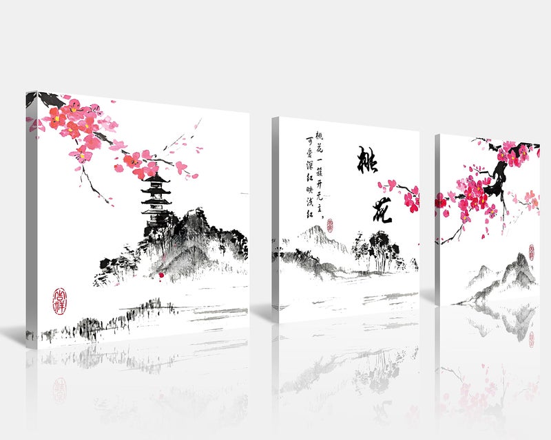 NAN Wind Small Size Traditional Chinese Painting of Peach Blossom Canvas Prints 3 Panels Calligraphy Art Paintings Wall Art Poem Print Painting Framed 12x12inches 3pcs/set - Image 1