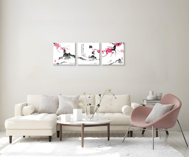 NAN Wind Small Size Traditional Chinese Painting of Peach Blossom Canvas Prints 3 Panels Calligraphy Art Paintings Wall Art Poem Print Painting Framed 12x12inches 3pcs/set - Image 4