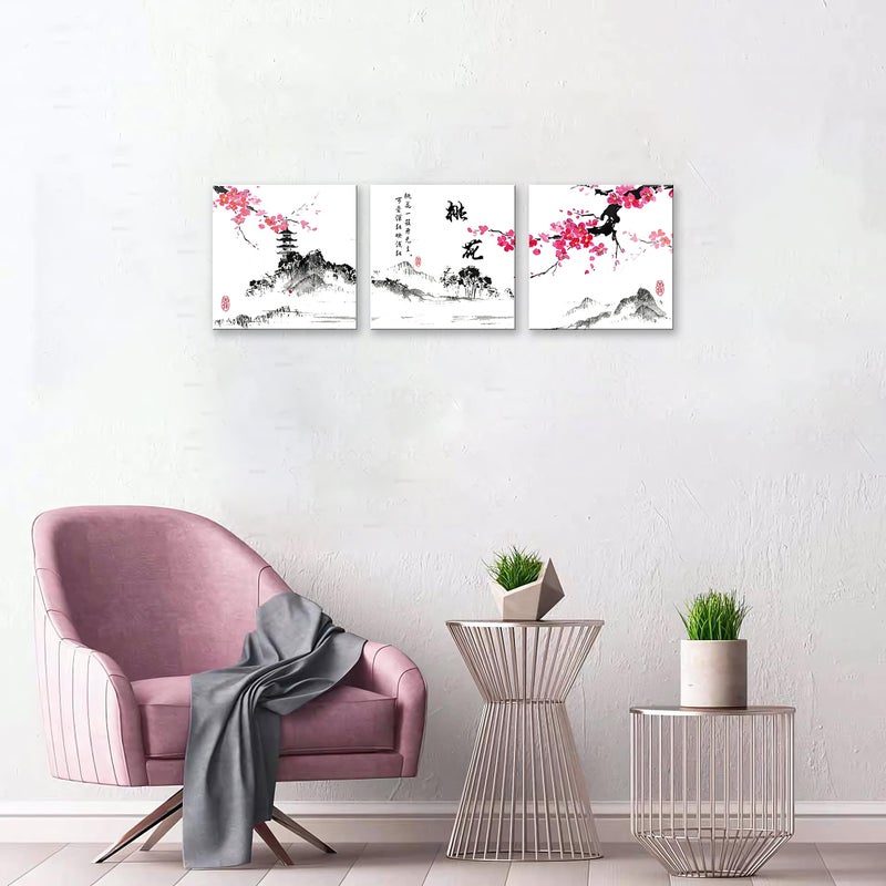 NAN Wind Small Size Traditional Chinese Painting of Peach Blossom Canvas Prints 3 Panels Calligraphy Art Paintings Wall Art Poem Print Painting Framed 12x12inches 3pcs/set - Image 3