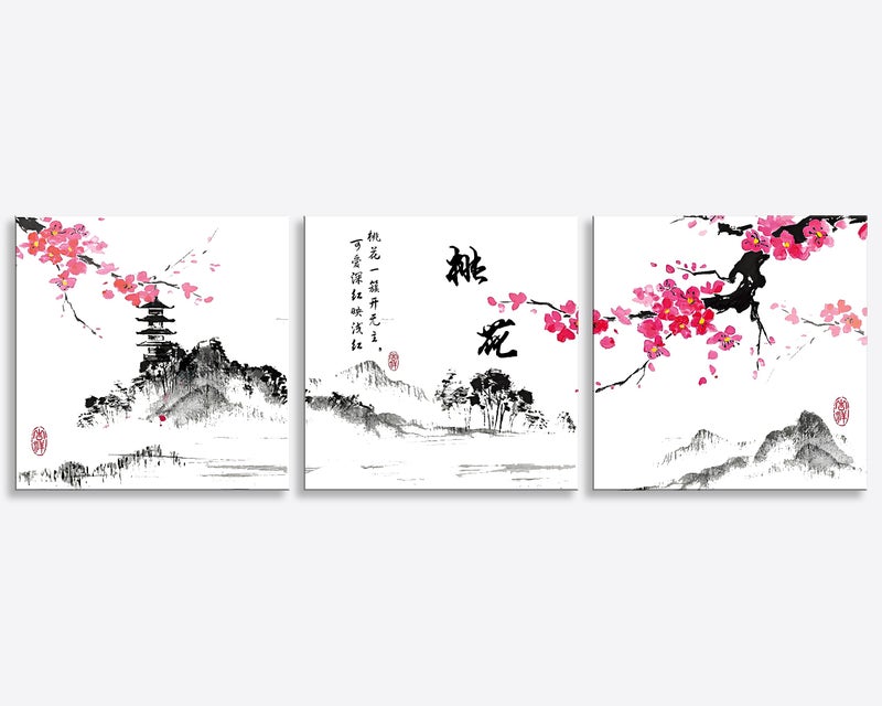 NAN Wind Small Size Traditional Chinese Painting of Peach Blossom Canvas Prints 3 Panels Calligraphy Art Paintings Wall Art Poem Print Painting Framed 12x12inches 3pcs/set - Image 2