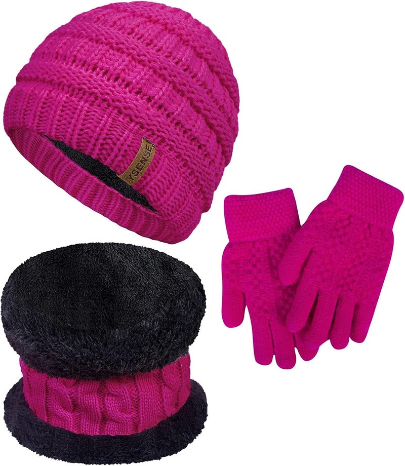 YSense 3 Pcs Kids Winter Beanie Hat Scarf Gloves Set Thick Knit Warm Fleece Fuzzy Lined Beanie Caps Mittens for Boys Girls - Image 1